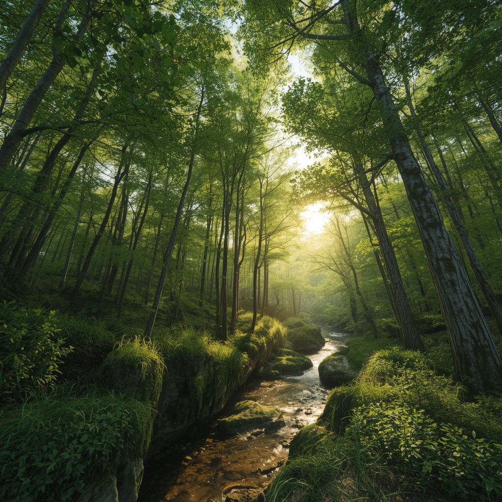 Lush green forest canopy with sunlight filtering through tall trees near a winding river, sustainable living landscape, photorealistic, golden hour, wide angle